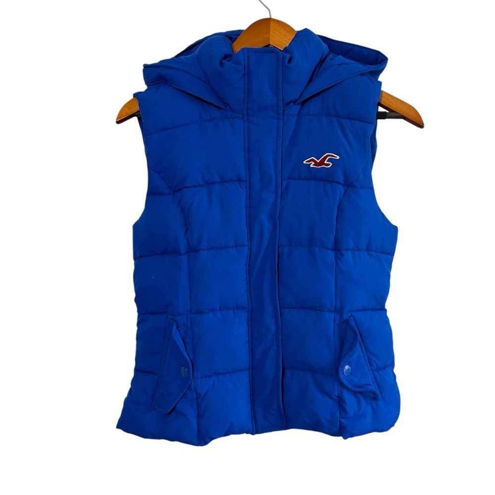 Hollister Blue Size Large Hooded Puffer Vest Sleeveless Y2K Style Preppy Outdoor